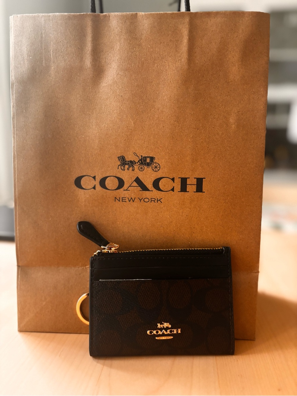 Coach Compact Leather Card Case Wallet - Black/Brown